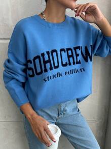 EURMUSE Woman Boho Crew Jacquard Regular Fit Casual Style Winter Sweater - Royal Blue - View 1