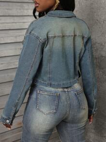 Slaydiva Women's Spring Autumn Long Sleeve Single-Breasted Casual Short Denim Jacket - Medium Wash - View 3