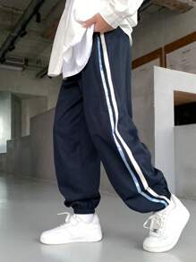 SHEIN Tween Boys' Colorblock Stripe Elastic Waist Drawstring Jogger Pants, Suitable For Fall & Spring, Suitable For Outdoor Play, Sports, Hiking, School, Street Photography, Parties, And Casual Wear, Great Value - Multicolor - View 1