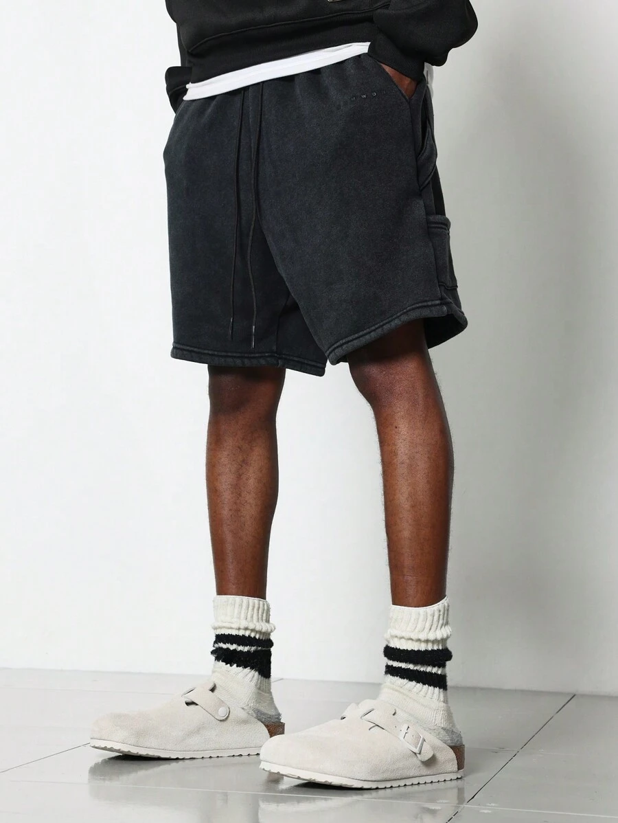 SUMWON Washed Drop Crotch Carpenter Short - Black - View 1