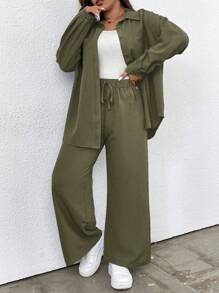 Elenzga 2 件大码女式春夏纯色长袖单排扣衬衫和裤子休闲套装 - 軍綠色 - 查看 5