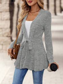 EMERY ROSE Women's Casual Solid Color Front Tie Fitted Jacket - Grey - View 1