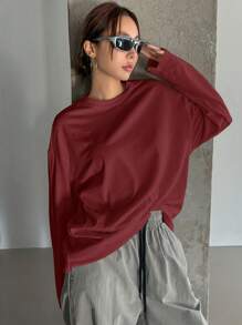 DAZY 女式宽松纯色圆领长袖T恤，秋季服装 - 酒紅色 - 查看 4