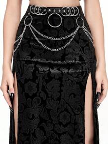 ROMWE Gothic High-Slit Flocked Embossed Women's Skirt With Detachable Metal Chain Belt - Black - View 2