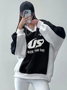 DAZY Women's Color Block V-Neck Letter Print Loose Sweatshirt,Fall Clothes - Black and White - View 5
