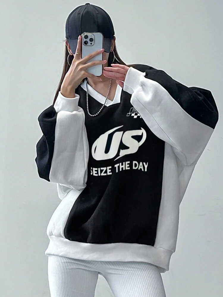 Women's Color Block V-Neck Letter Print Loose Sweatshirt,Fall Clothes