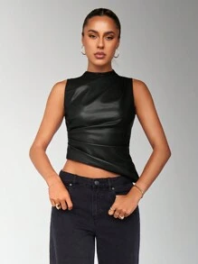 SHEIN BAE Top de tirantes de moda con cuello alto y plisado de piel sintética para mujer, ideal para verano