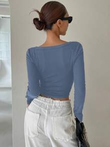 DAZY V-Neck Partial Button Closure Curved Hem Fitted Long Sleeve Women's Tee,Fall Women Clothes - Dusty Blue - View 2
