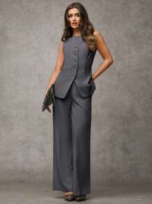 SHEIN BAE Women's Solid Color Round Neck Single-Breasted Vest And Pants Elegant Commuter Suit, Summer Fall Women Clothes Women Set Office Wear Business Casual Women Two Pieces Outfits Fall Women Office Wear Women Set Women Blazers Set - Dark Grey - View 1