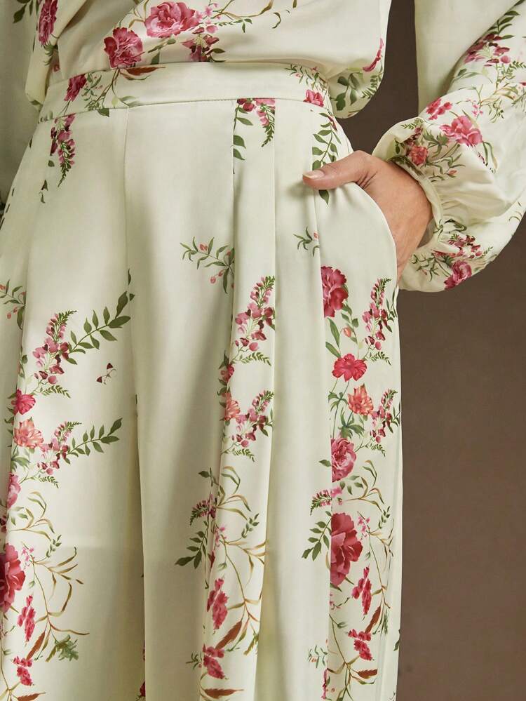 Elegant Vintage Floral Print Women's Trousers, French Style