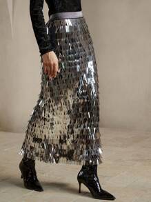 Anewsta Váy dệt kim dài ngang gối sang trọng hiện đại dành cho nữ, đính sequin và hạt cườm bạc, thích hợp cho các bữa tiệc. - Bạc - Xem 1