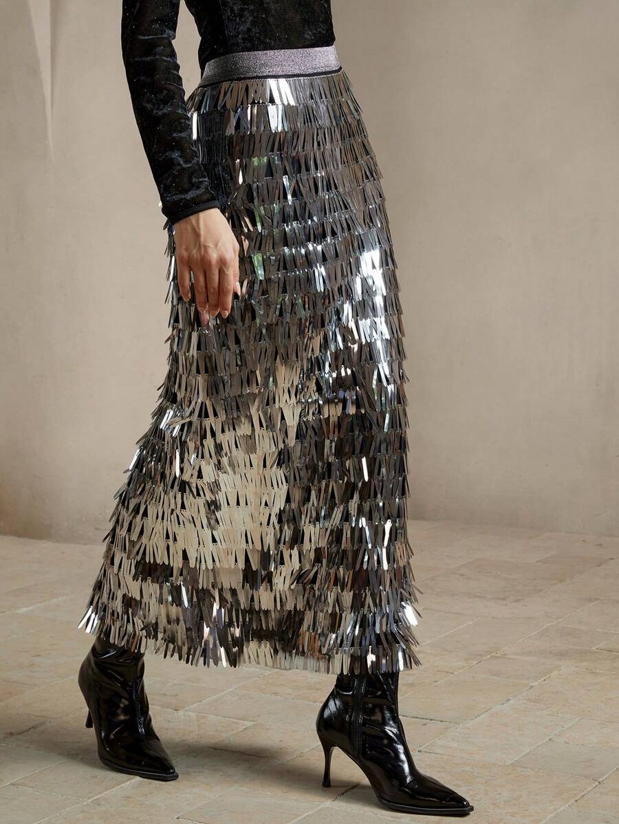 Anewsta Váy dệt kim dài ngang gối sang trọng hiện đại dành cho nữ, đính sequin và hạt cườm bạc, thích hợp cho các bữa tiệc. - Bạc - Xem 1