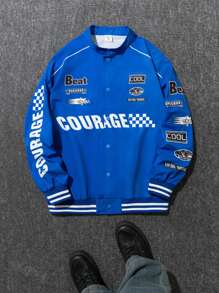 SHEIN 青少年男孩以赛车摩托车为主题的徽章采用鲜艳的蓝色夹克，适合秋季和冬季。它专为保暖而设计，非常适合休闲、居家和运动穿着。这款多功能简约的保暖内衬夹克具有防风功能，非常适合生日派对和郊游。 - 藍色 - 查看 1