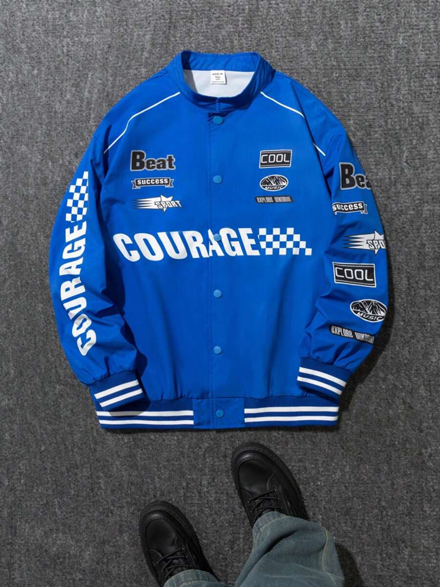 SHEIN 青少年男孩以赛车摩托车为主题的徽章采用鲜艳的蓝色夹克，适合秋季和冬季。它专为保暖而设计，非常适合休闲、居家和运动穿着。这款多功能简约的保暖内衬夹克具有防风功能，非常适合生日派对和郊游。 - 藍色 - 查看 1