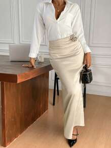 SHEIN Frenchy 女士 3D 花卉缎面长裙 - 杏色 - 查看 3