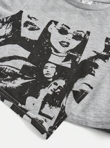 SHEIN Young Girl Casual Round Neck Short Sleeve Knit Sporty Top, Grey Graphic Tee