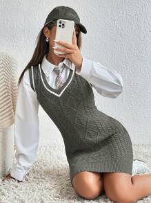 SHEIN Unity Váy len bó sát không tay cổ chữ V cho nữ, mùa thu/đông - Màu xám đen - Xem 5