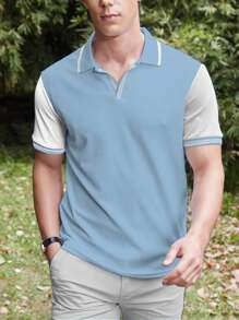 Manfinity Homme 男士休闲商务撞色短袖Polo衫，夏季，男士蓝白夏季款，蓝白夏季Polo衫 - 霧霾藍 - 查看 5