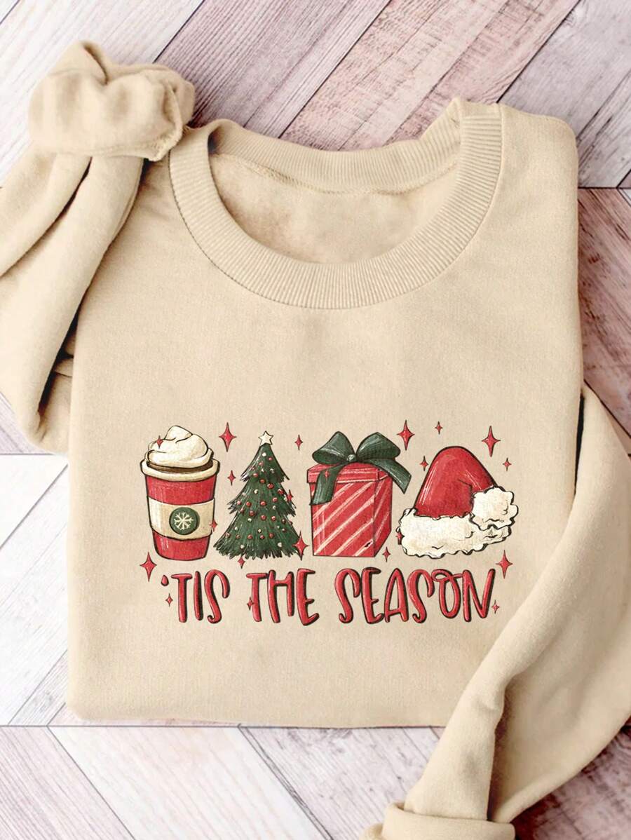 INAWLY 可爱季节性圣诞树印花圆领长袖套头卫衣 - 杏色 - 查看 1