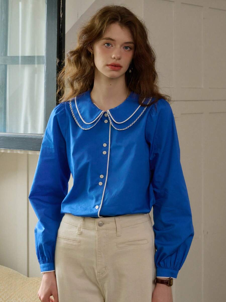 Simple Retro Áo sơ mi thường ngày ve kép ren Clashing dành cho nữ - Màu xanh lam - Xem 1