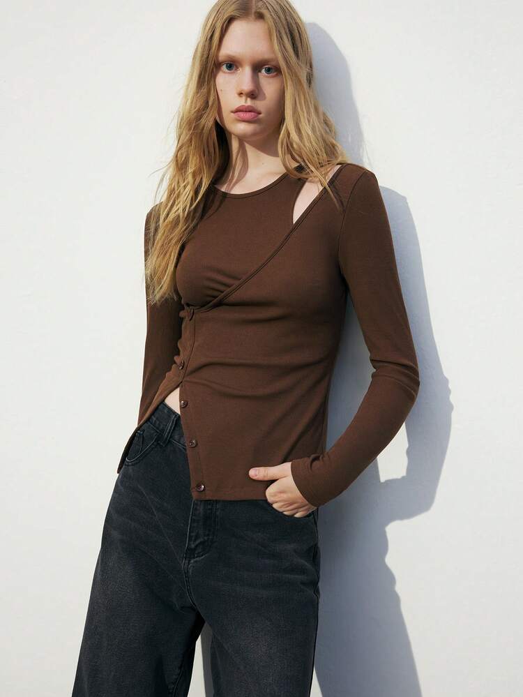 SHEIN Maija Maglietta casual a maniche lunghe color marrone scuro con design a pulsanti laterali, adatta per l'autunno
