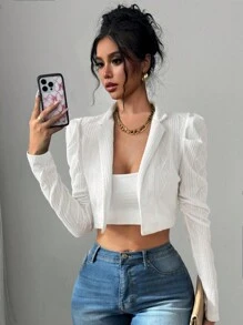 Selianne Chaqueta corta blanca de moda con mangas gigote acolchadas, texturizadas y de apertura frontal - Blanco - Ver 1