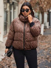 Calvaya Plus Size Allover Print Hooded Zipper Padded Padded Coat, Winter Clothes Fall Clothes Autumn - Brown - View 8