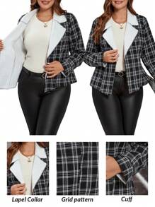 SHEIN Clasi Áo khoác kẻ caro cổ ve dài tay cỡ lớn, trang phục thường ngày mùa đông - Đen và trắng - Xem 2