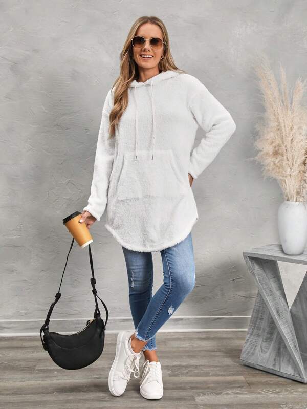 SHEIN LUNE Sudadera informal de forro polar blanco cálido con bolsillo para mujer