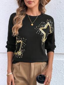 EMERY ROSE 女士刺绣五角星图案圆领长袖毛衣 - 黑色 - 查看 6