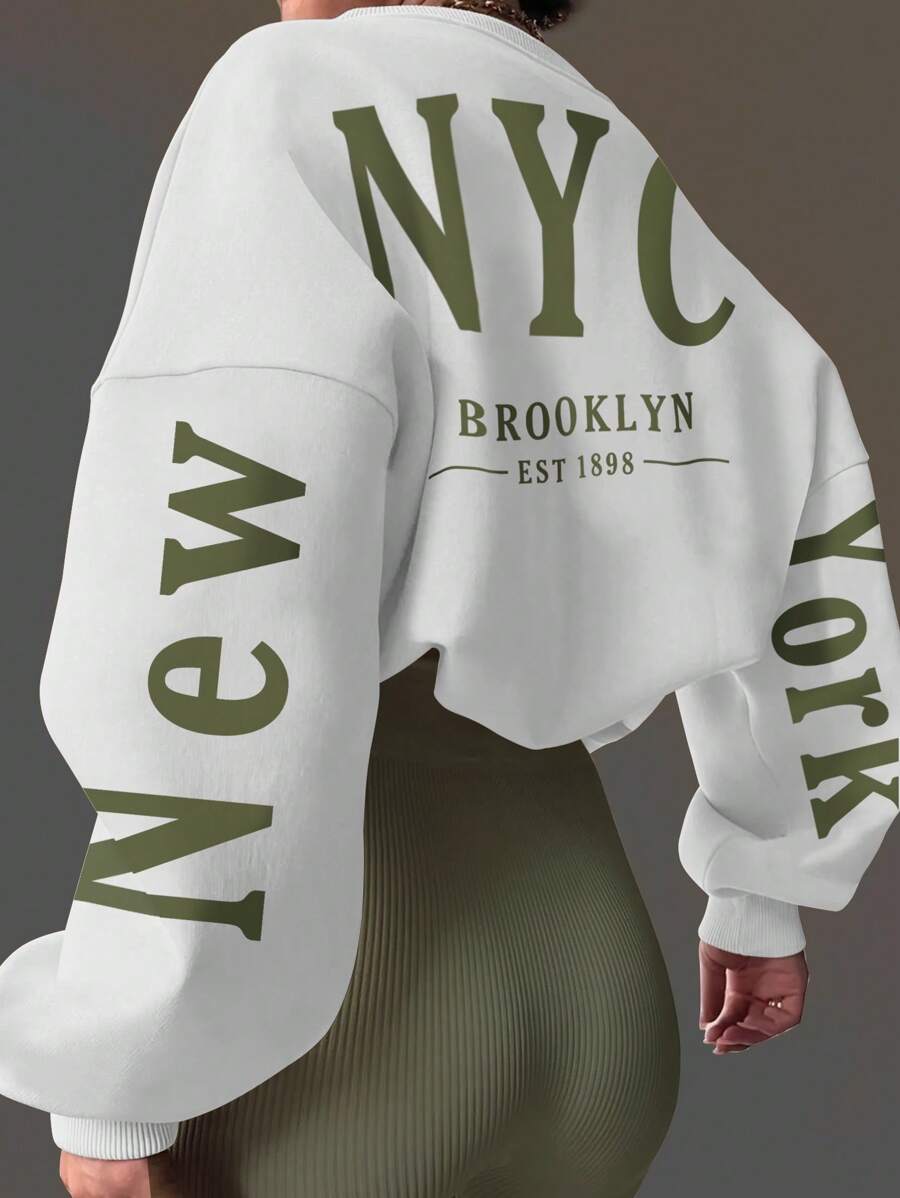 INAWLY 女士超大落肩字母印花运动衫，春秋装，长袖上衣