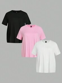 SHEIN CURVE+ Curve Plus 3 件套休闲简约图案圆领短袖 T 恤，修身款，女士夏季服装 - 彩色 - 查看 9