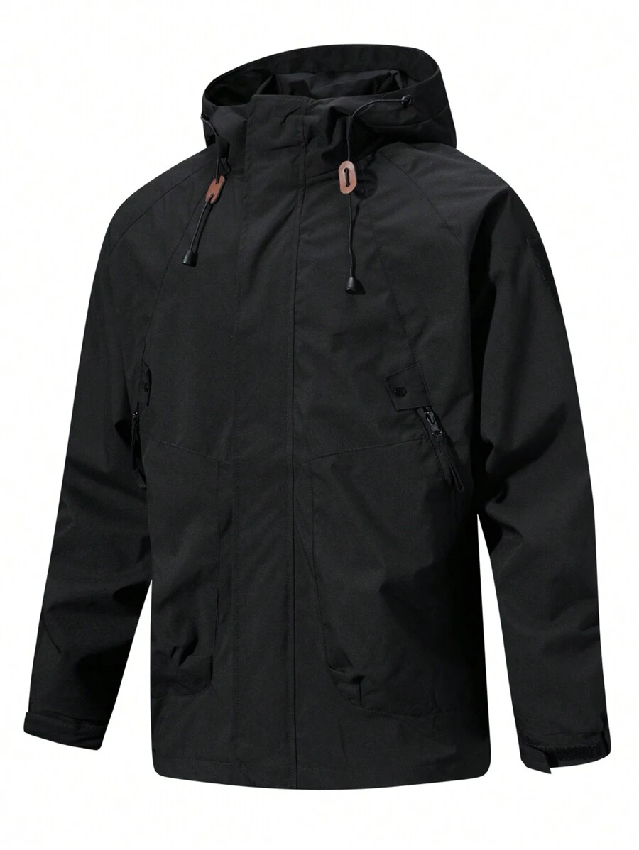 Manfinity Homme Chaqueta casual con capucha para hombre con cremallera, cordón y manga larga de unicolor