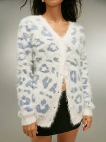 SHEIN Unity Women's V-Neck All-Over Print Button-Up Long Sleeve Cardigan - White - View 3