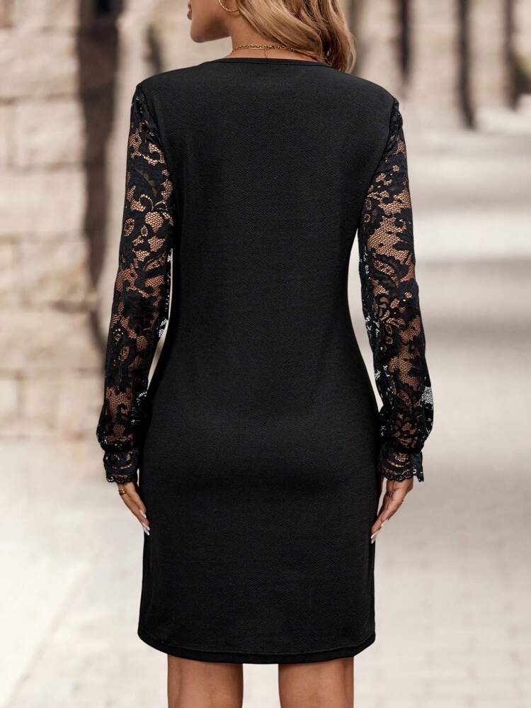 Women Lace Patchwork Long Sleeve Shell Trim Minimalist Short Dress