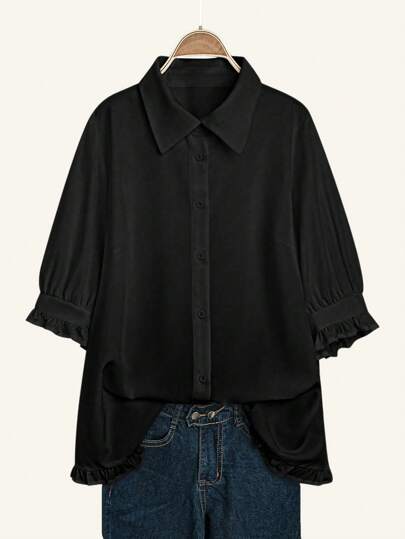 EMERY ROSE 大码女式纯色长袖宽松休闲衬衫，春秋季女式衬衫