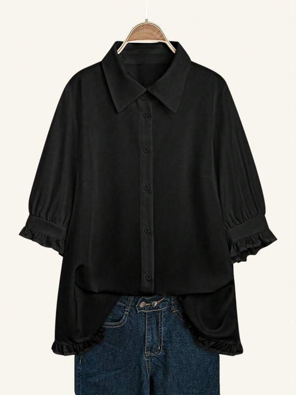 EMERY ROSE Plus Size Women's Solid Color Long Sleeve Loose Casual Blouse, Spring Autumn Women Shirt