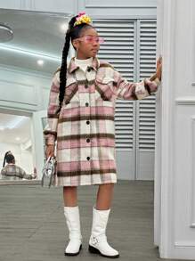 Slaydiva Tween Girl Plaid Print Long Sleeve Casual Jacket, Fall/Winter - Multicolor - View 5