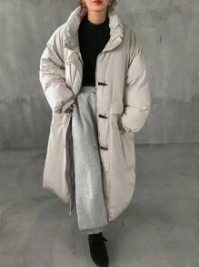 FRIFUL Áo khoác có dây rút màu trơn thường ngày mùa đông cho nữ có cổ áo dài có đệm - trắng - Xem 2