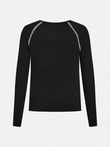 SHEIN Leap Crew 3 件套青少年男孩休闲拼色缝线圆领长袖上衣、纯色长裤和短裤针织运动服套装、健身服 - 黑色 - 查看 10