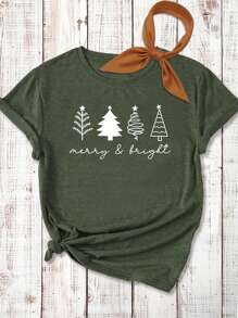 SHEIN EZwear 圣诞节休闲简约手绘圣诞树图案圆领短袖宽松女式T恤，适合夏季 - 軍綠色 - 查看 4