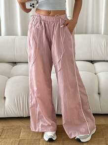 SHEIN Privé Damen lässige Sport Hose mit weitem Bund, pinker Schmetterling Dekor und niedriger Taille, Maxilänge - Pink - Übersicht 2