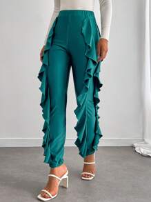 Chiquease Elegant Solid Color Flounced High Sheen Pants