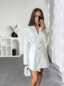 INAWLY Women Spring Autumn Casual Solid Color Asymmetric Hem Mini Dress - White - View 3