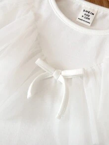 SHEIN Baby Girl Cute Knit Contrast Mesh Long Sleeve Blouse, Autumn/Winter - White - View 5