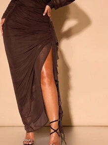 SHEIN BAE Vestido largo y ajustado elegante para fiesta con hombros descubiertos, volantes y pliegues en la Bottom, de estilo romántico y fluido, para mujer de talla grande en color verde - Café integral - Ver 4