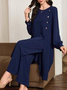 Al Najma 2pcs Women's Casual Solid Color Button Decor Split Hem Extra Long Top And Wide Leg Pants Set 2 Pieces Set Fall Cloth For Women - Royal Blue - View 4