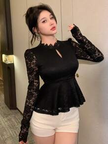 DAZY Women Lace Ruffle Trim Long Sleeve Top Going Out Tops,Fall Clothes Turtleneck Women - Black - View 9