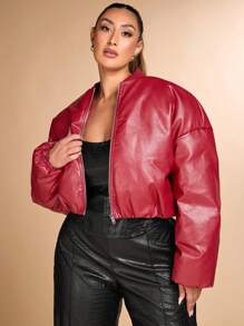 SHEIN BAE Plus Size Fall 1pc Elegant Street Motorcycle Women Burgundy Pu Leather Zipper Warm Short Winter Coat Halloween Go Out Music Festival - Burgundy - View 6