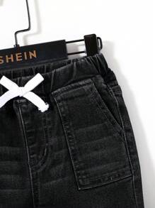 SHEIN Jeans negros elásticos de cintura cómoda y elástica para uso diario y vuelta al colegio, ropa casual de moda para niños, jeans negros para niños - Negro - Ver 6